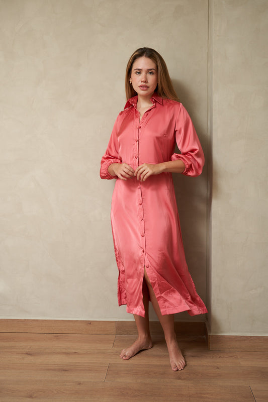 Vestido camisero seda coral